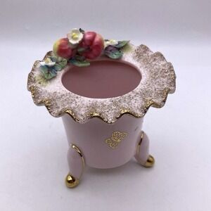 Vtg Lefton Pink Footed Vase Applied 3D Fruit Apple Peach Spaghetti Trim Japan